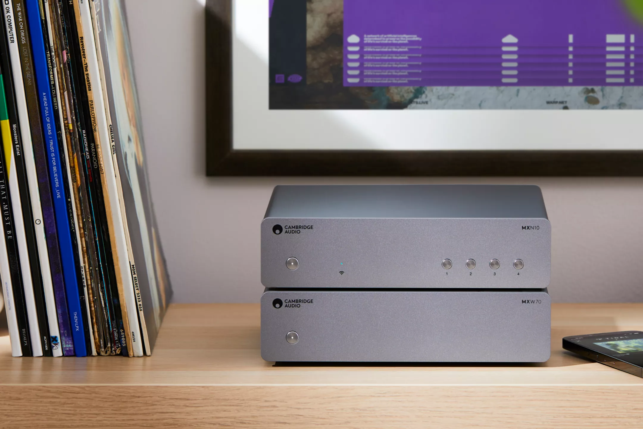 MXN10とMXW70のスタック、木製家具の上にスマートフォンと額縁アート